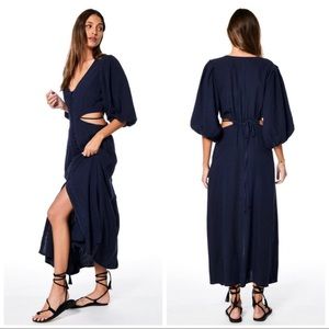 Young Fabulous & Broke High Tea Dress navy linen cut-out midi NWT $218
